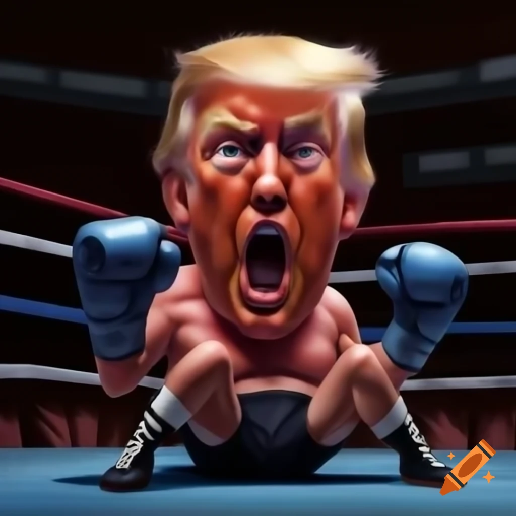 Caricature of defeated boxer Trump with black eye and bruises after match with Kamala Harris