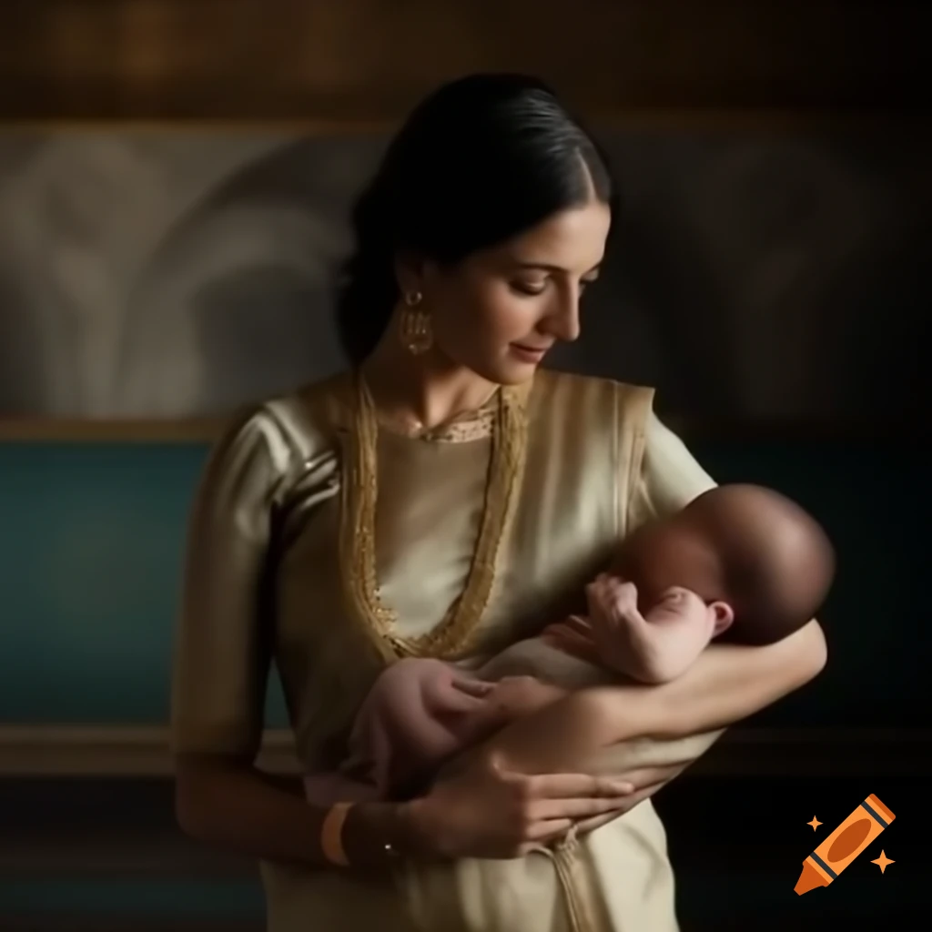 Queen Kunti holding baby Arjuna in a serene palace chamber