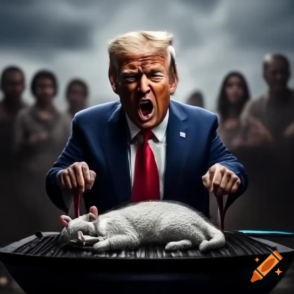 Angry Donald Trump with spatula grilling at cookout with sleeping kitten
