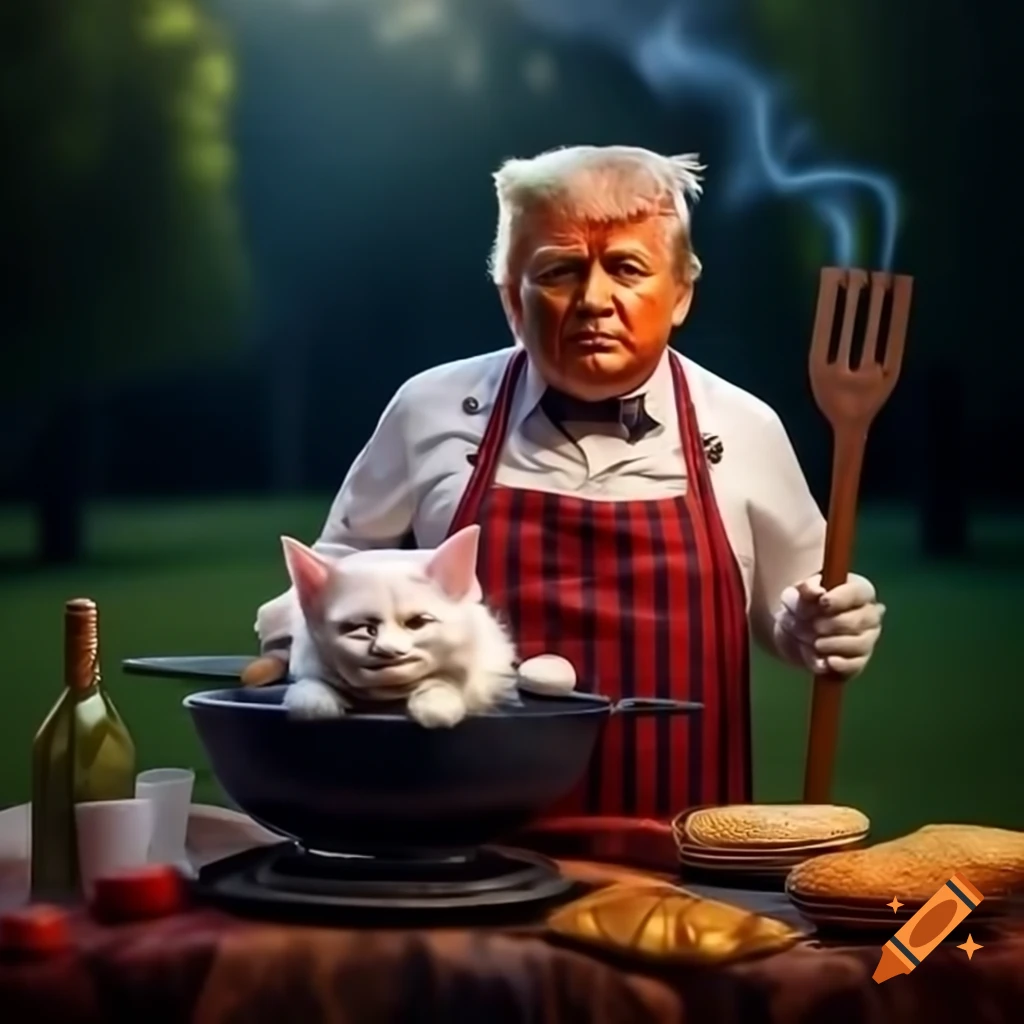 Creepy Donald Trump cooking at grill with spatula in outdoor setting
