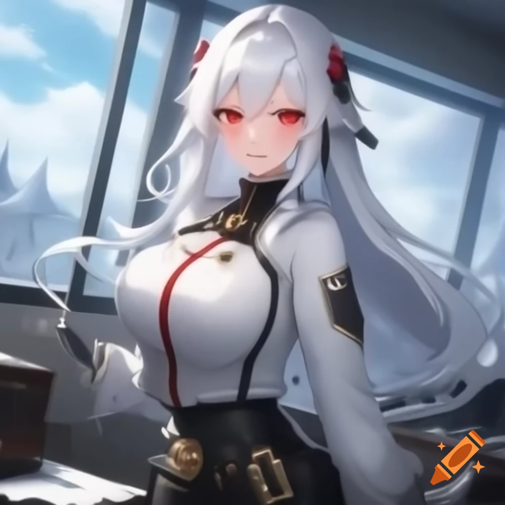 Anime woman with white hair and red eyes in fantasy military general's office