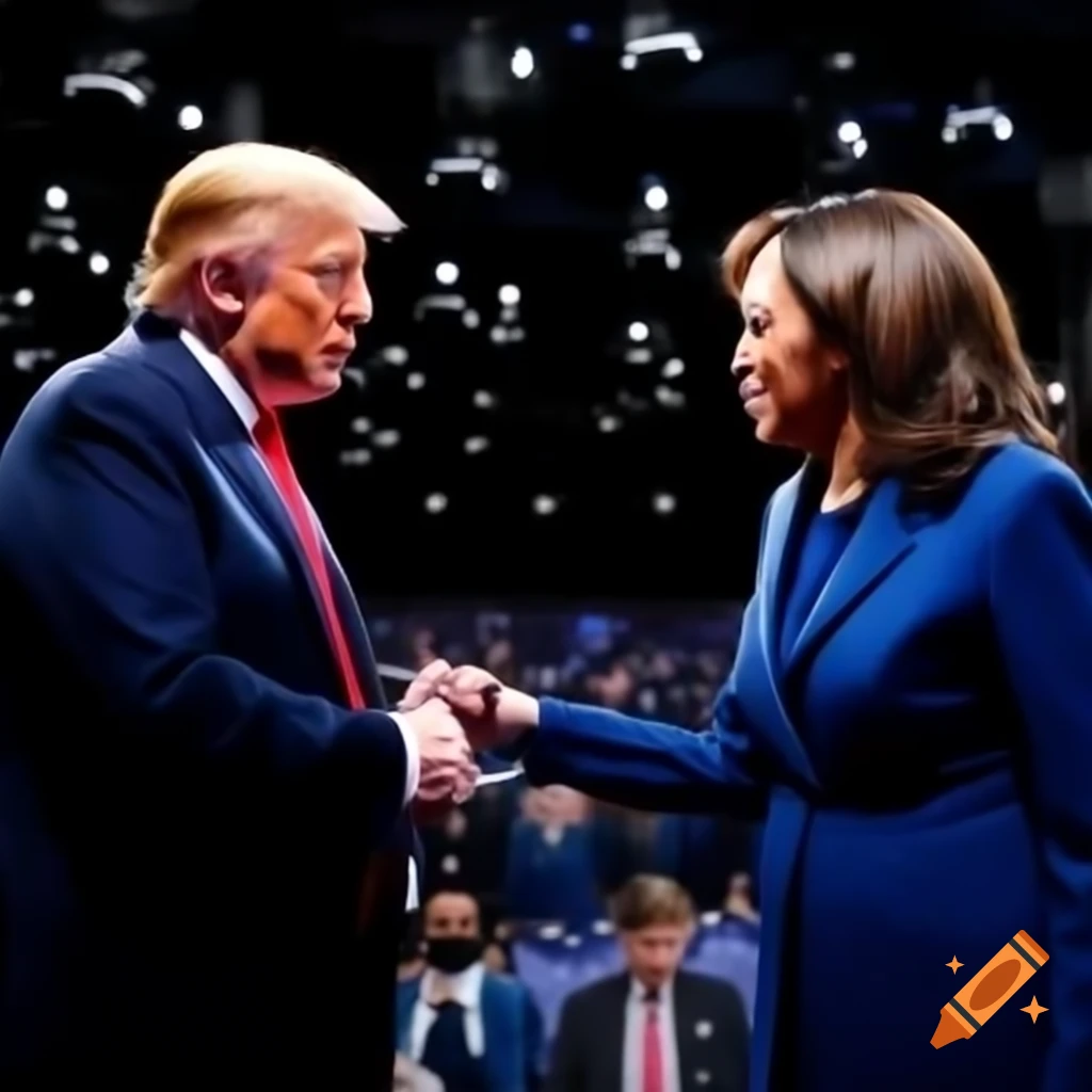 Political debate scene with Kamala Harris and Donald Trump