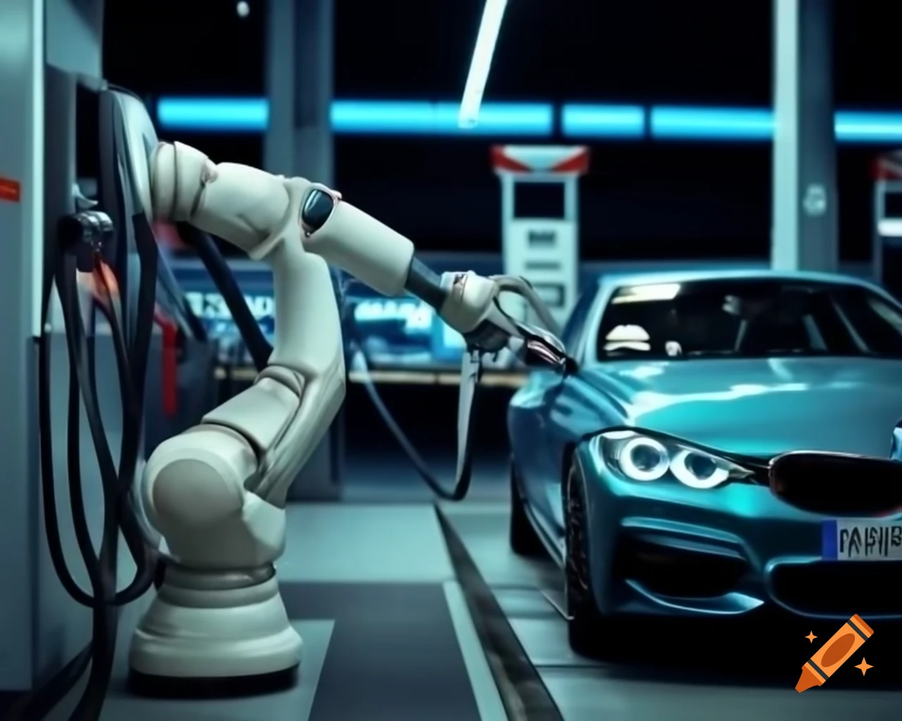 Robotic arm refueling BMW cars at fuel station