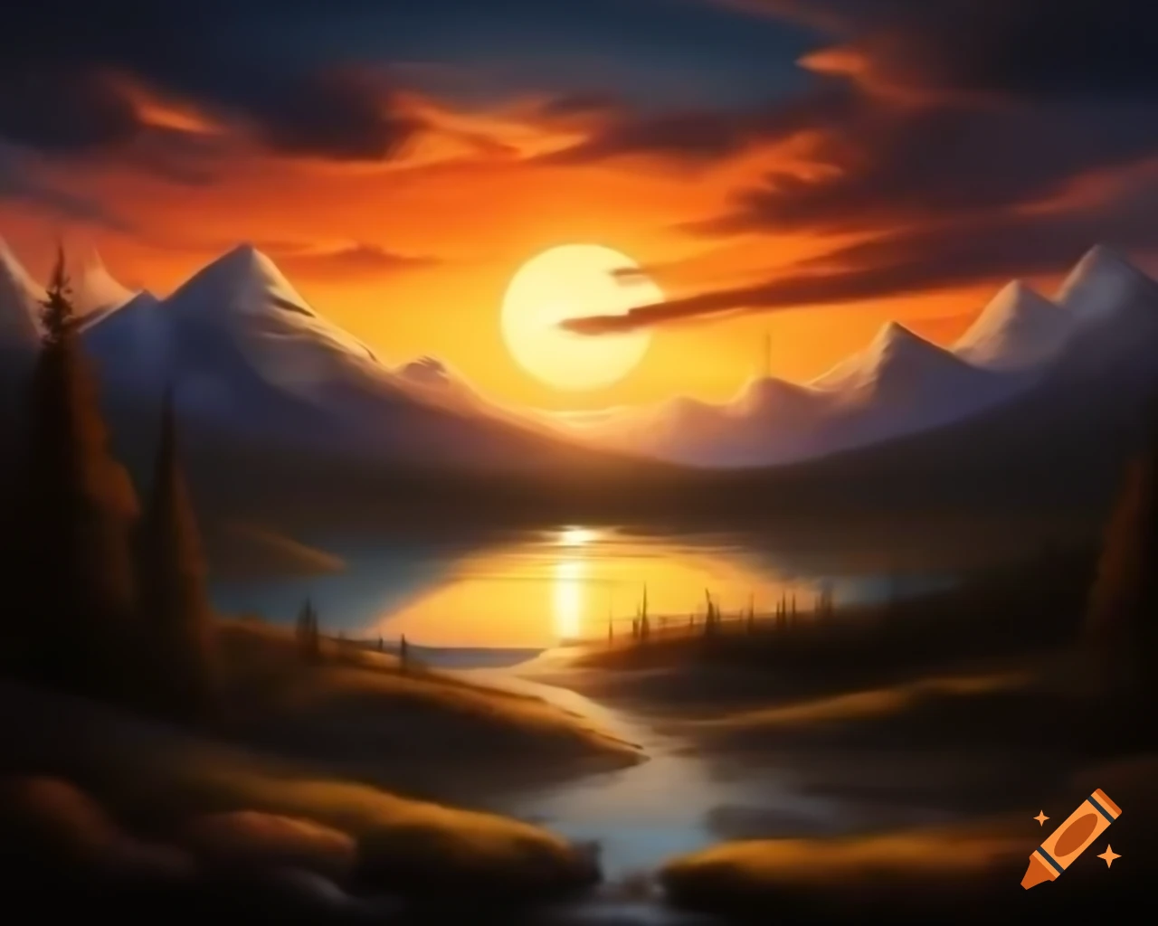 Photorealistic sunset over mountain lake with sunrays and god rays