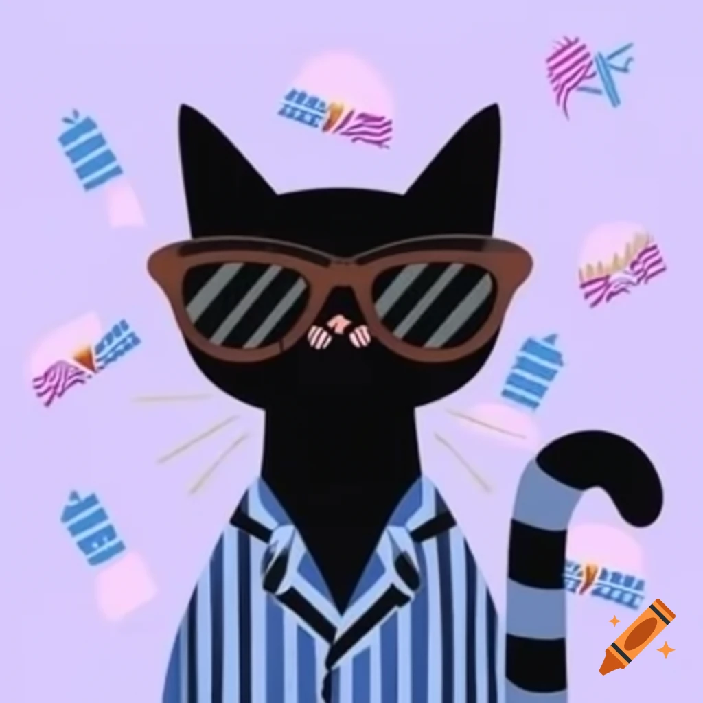 Cartoon black cat with pajama stripes and sunglasses