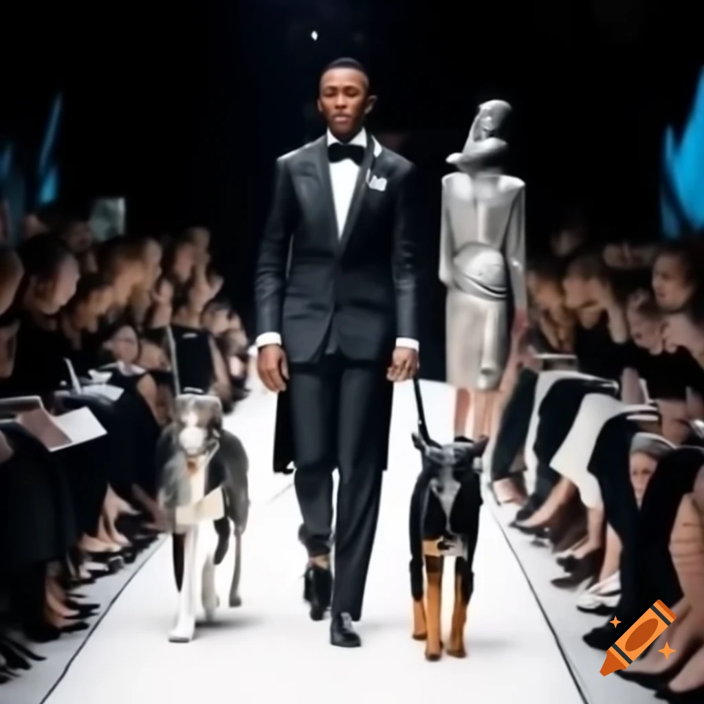 Sleek dog walking confidently down runway in fashion show setting