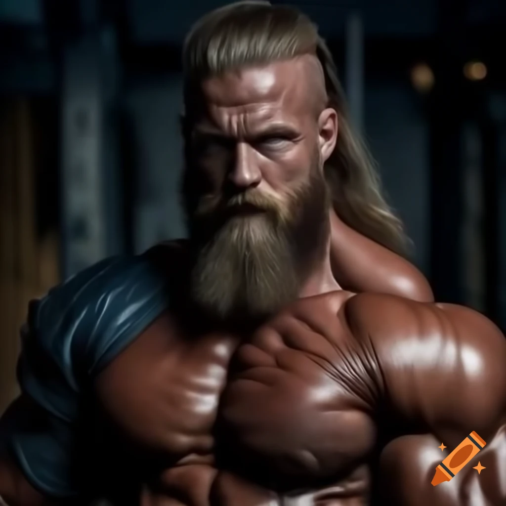 Imposing muscular man with defined physique resembling legendary Vikings