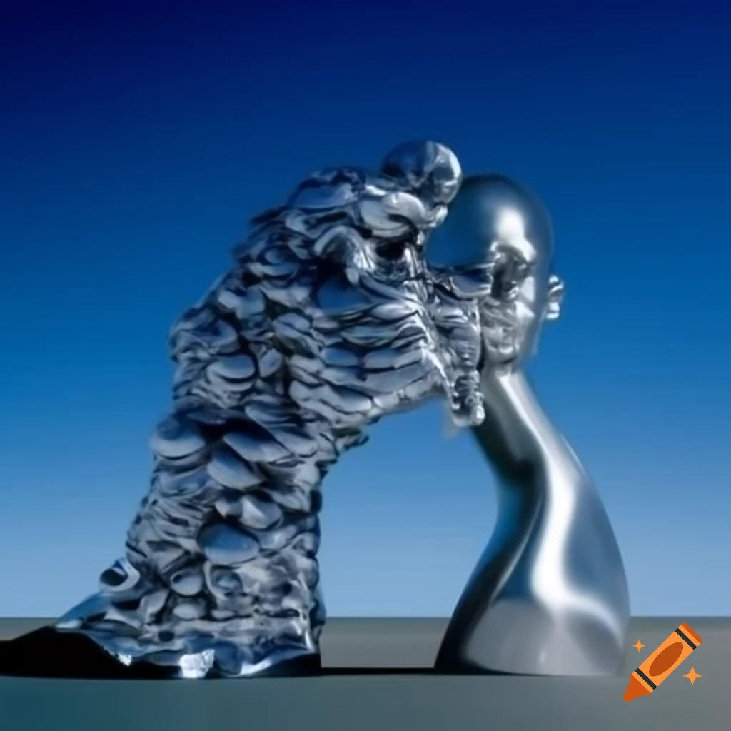 Pop surreal photography featuring silver statue from the 2000s on craiyon