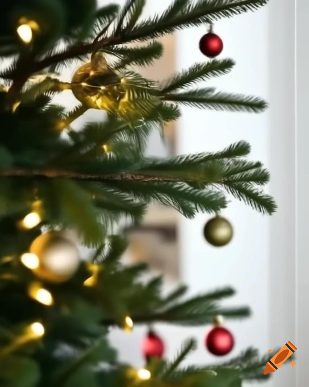 Christmas tree branch decorated with lights against white background