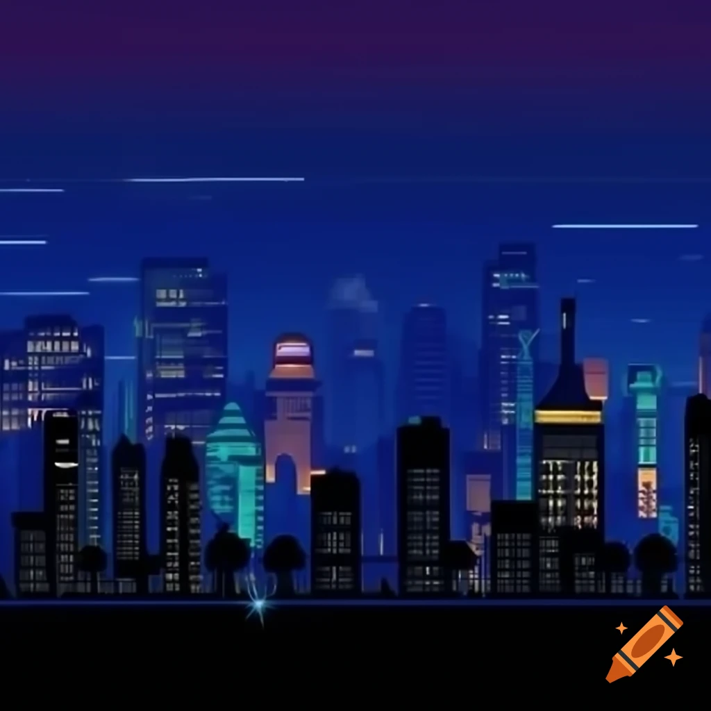 1980s pixel art cityscape at night for video game background