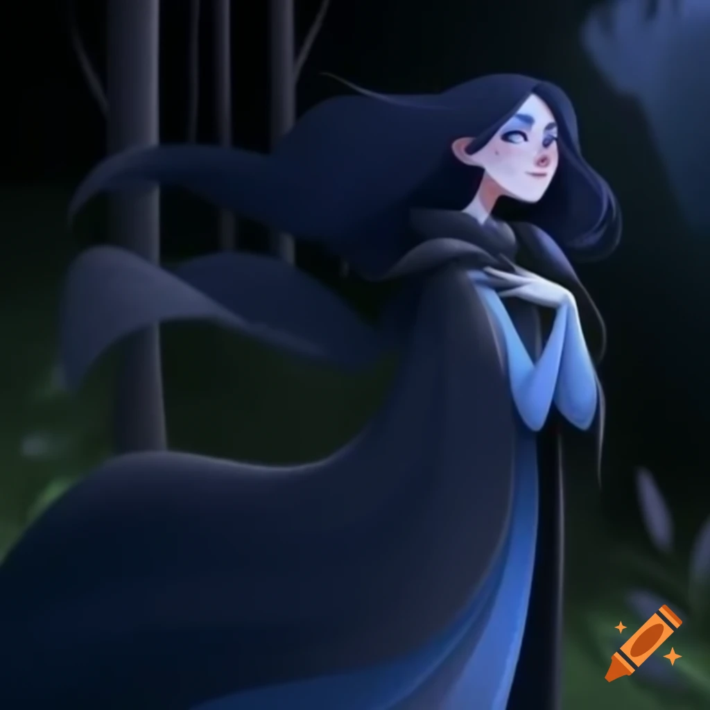 Frighened dark-haired woman in flowing cape and gown in woods at night