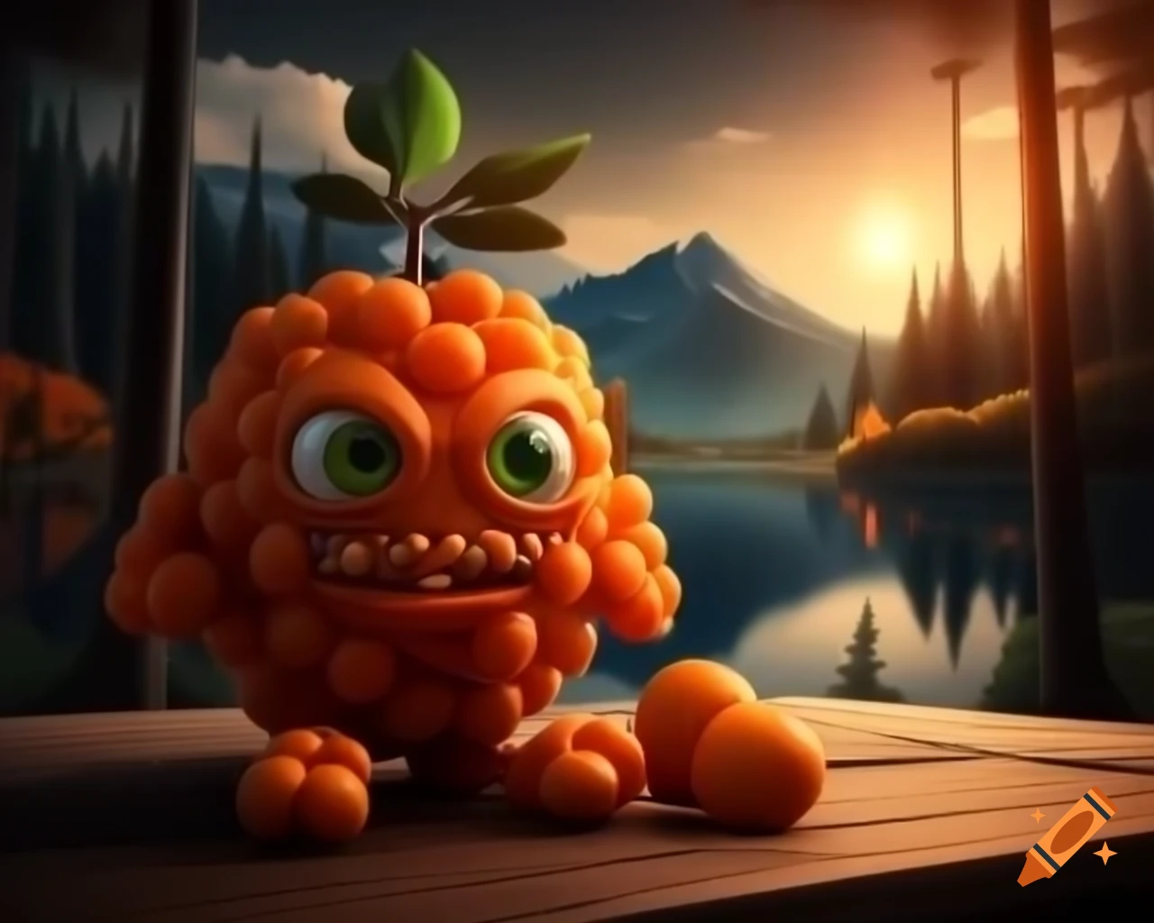 3D orange tree monster with human face on wooden table in forest