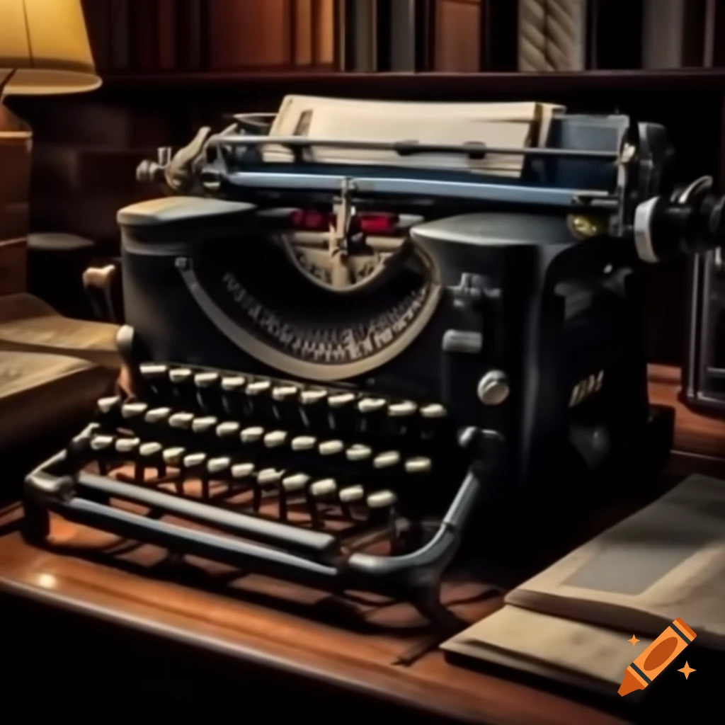 Realistic 1950s typewriter on a vintage 1920s wooden desk with overhead light