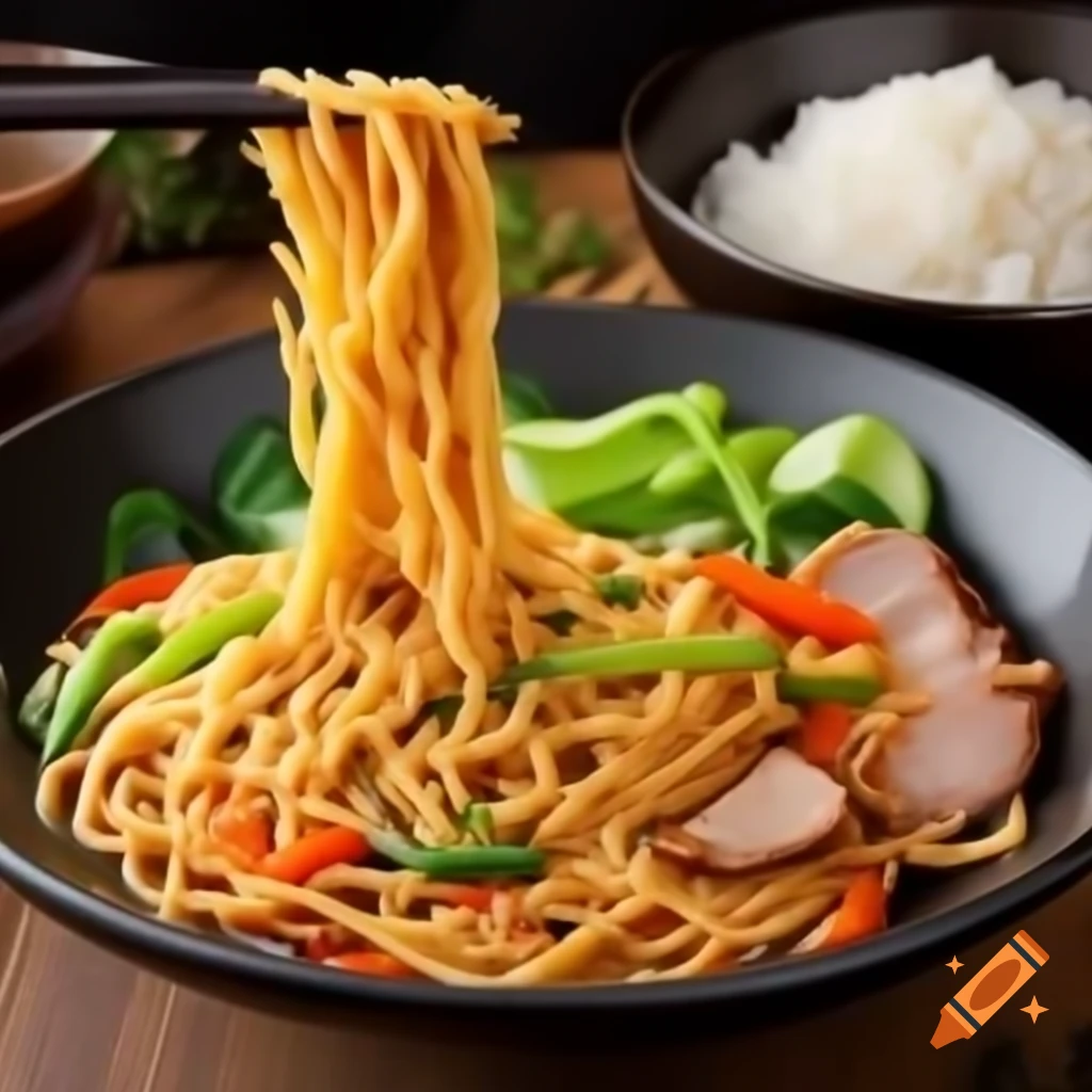 Asian noodles with vegetables and pork served with rice