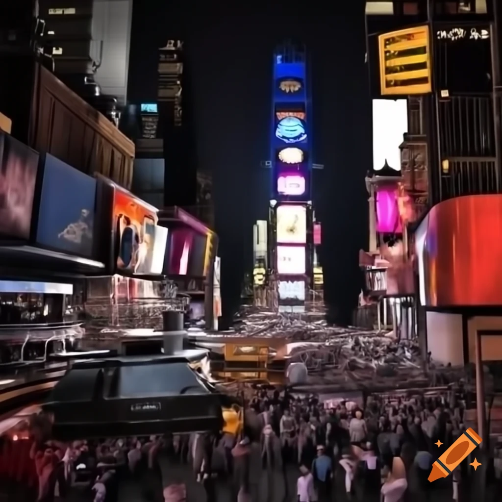 Vibrant night scene of Times Square in New York City with neon lights and busy crowds