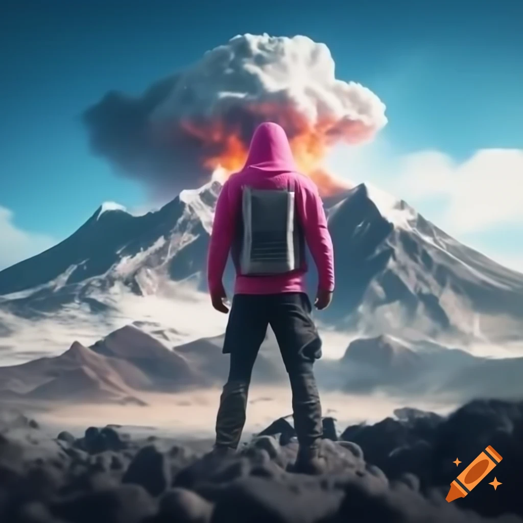 Cyber engineer in pink hoodie with snow-capped mountain and erupting volcano in background