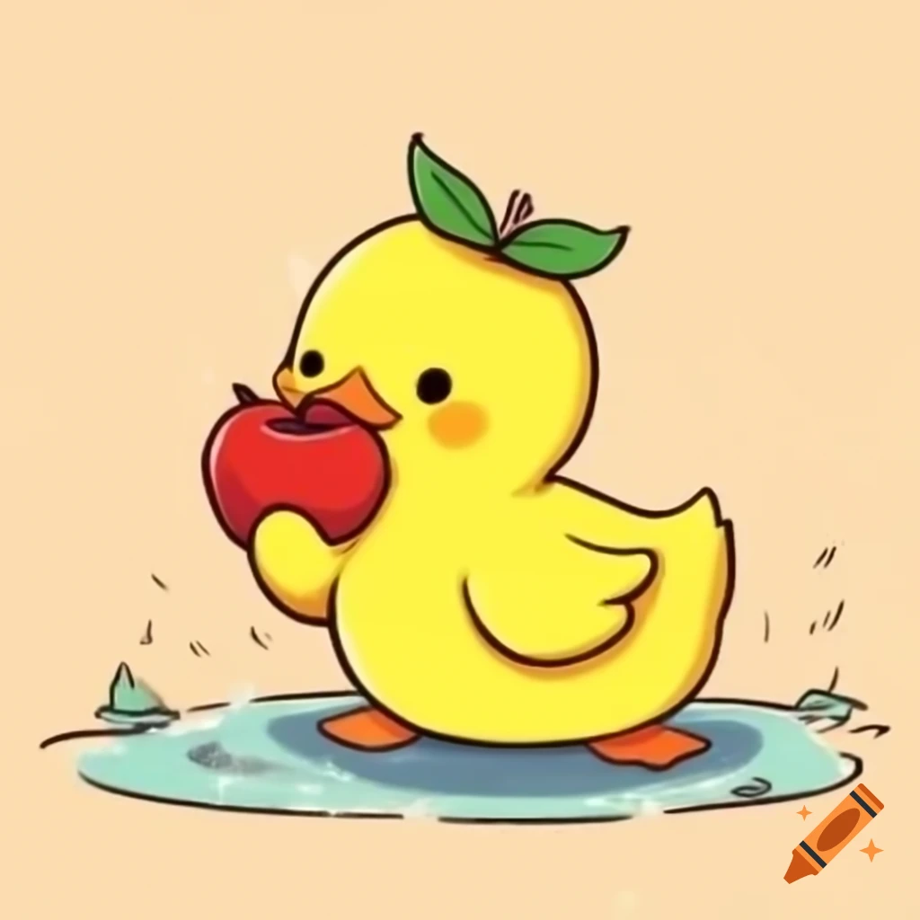 Drawing of yellow duck eating an apple
