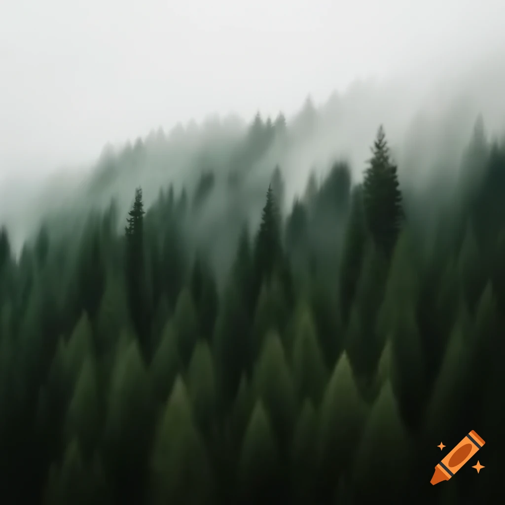 Dense misty forest featuring tall pine trees