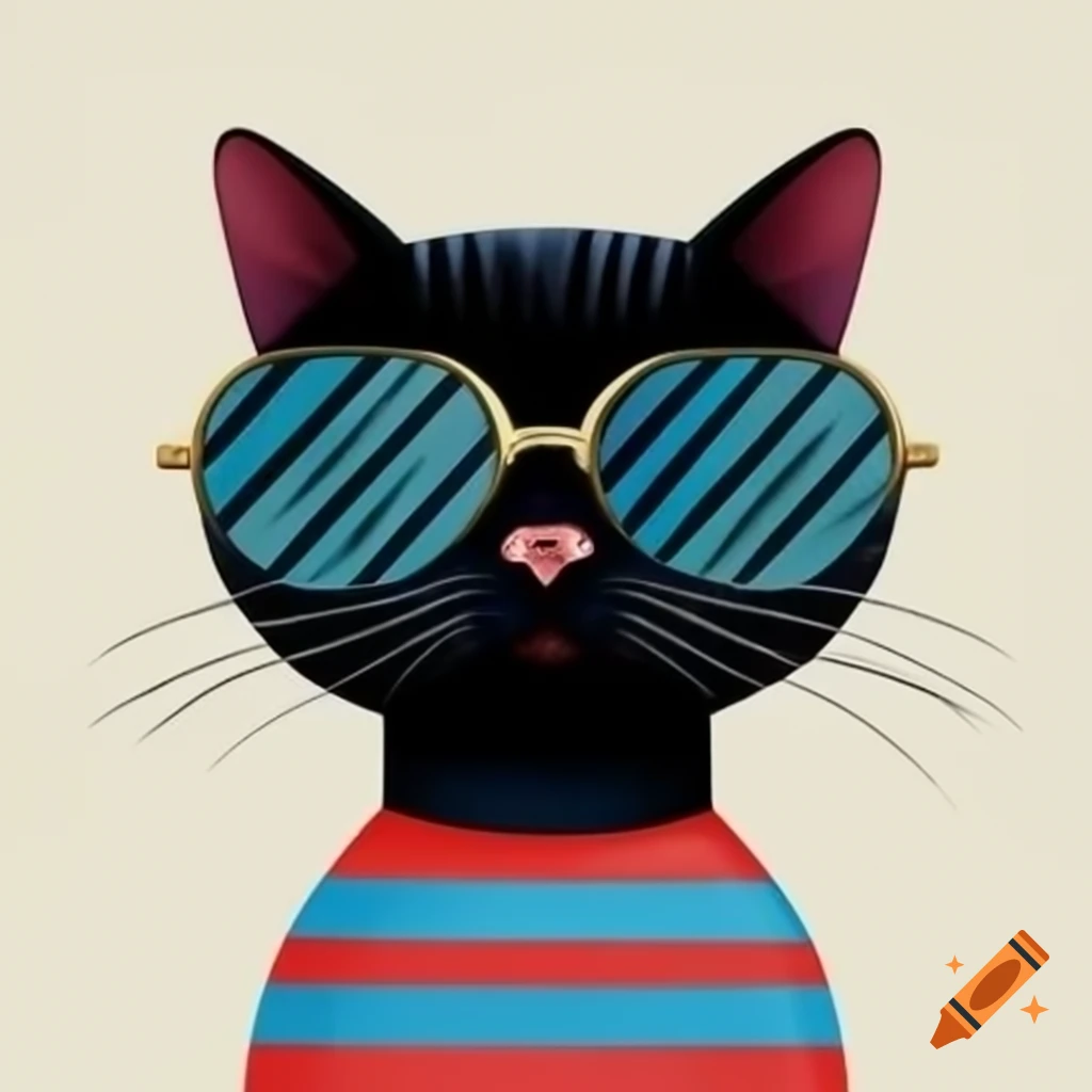 Cartoon art of black cat with pajama stripes and sunglasses