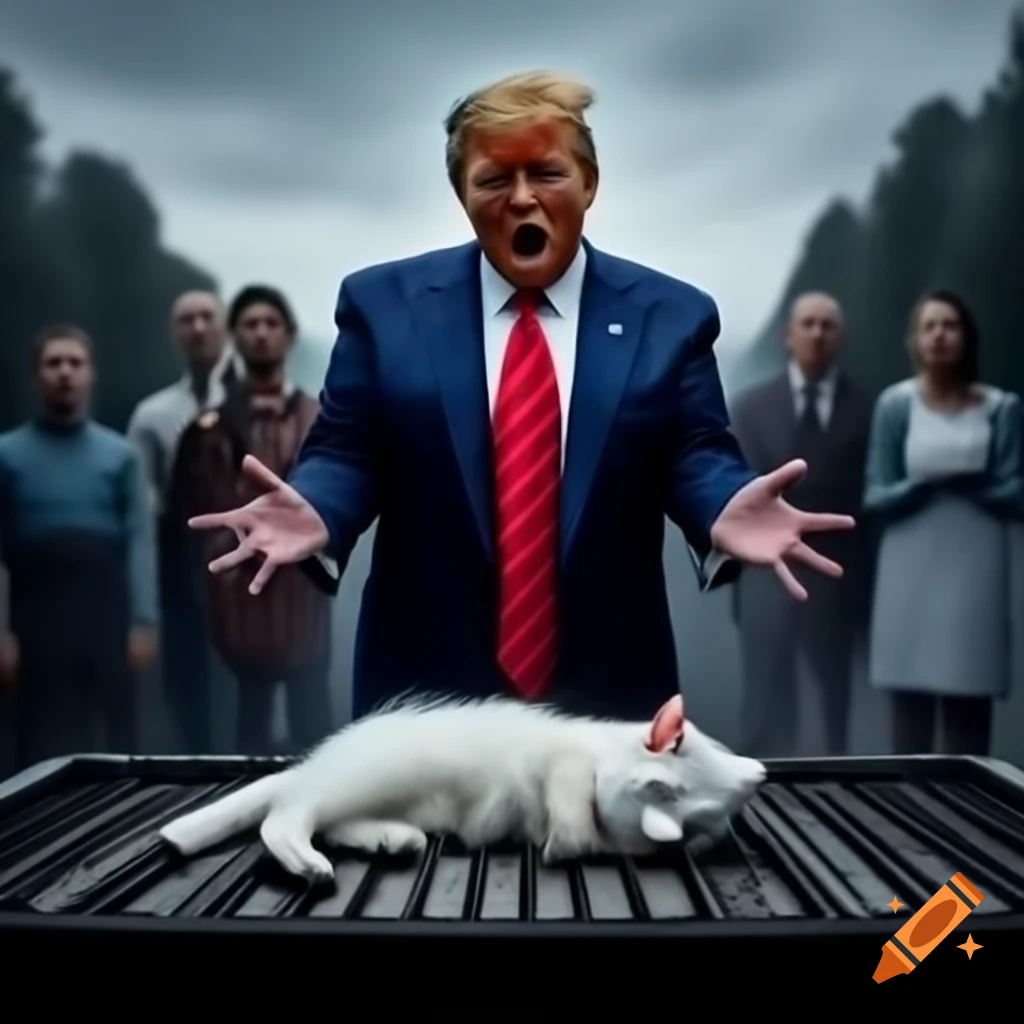 Angry Donald Trump with spatula grilling at cookout with sleeping kitten