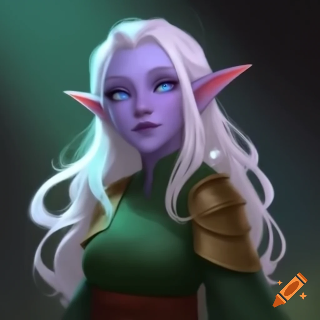 High elf cleric hermit depicted in green dress with white hair and violet eyes