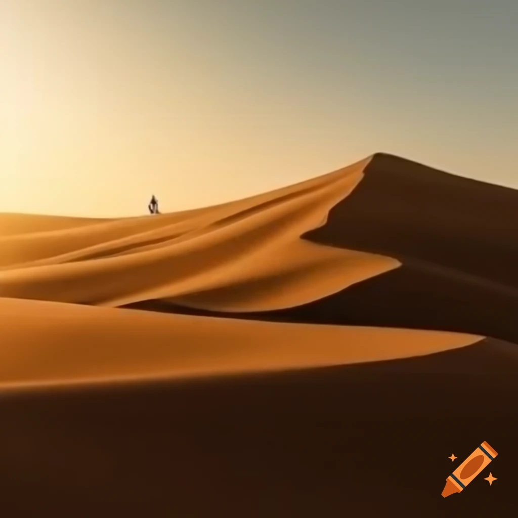 Solitary figure walking on vast sand dunes with warm glowing light