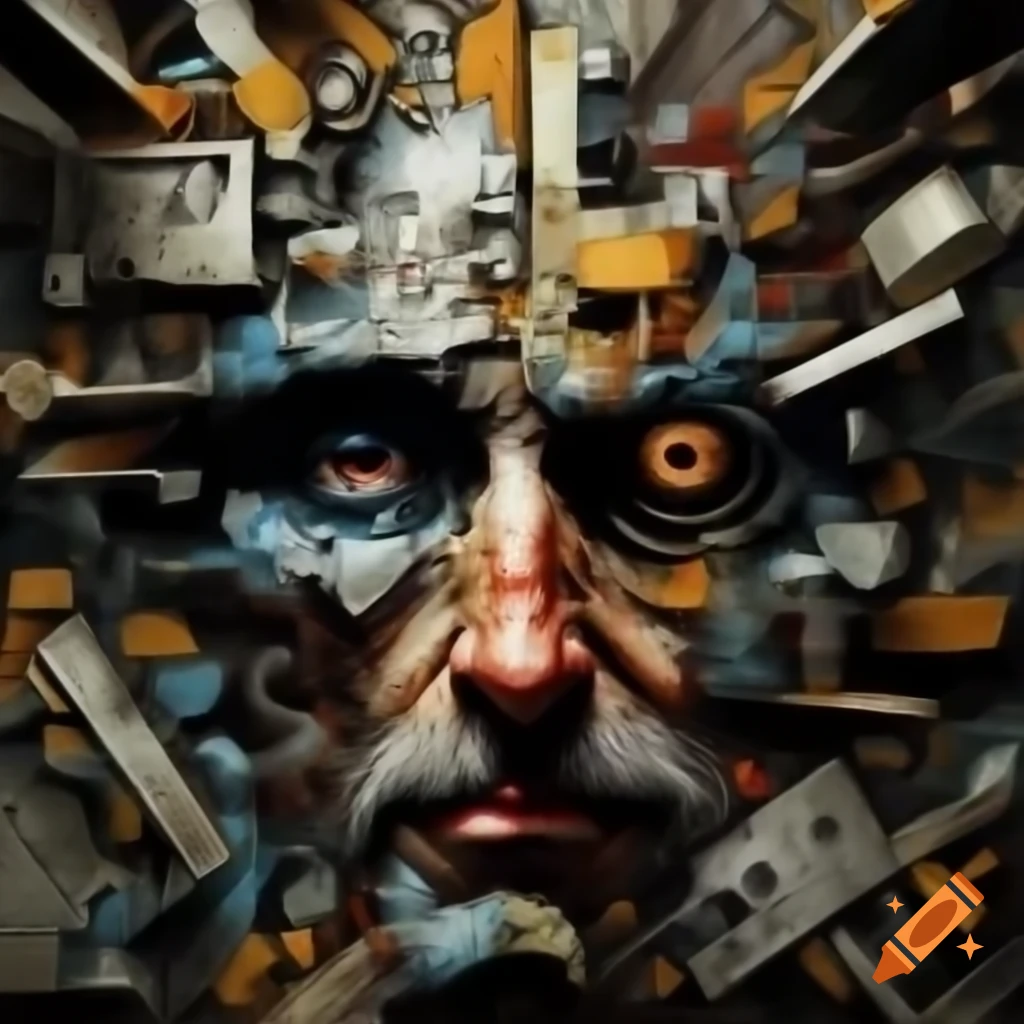 Dynamic fusion of old engraving and neo-expressionist composition with complexity and abstraction