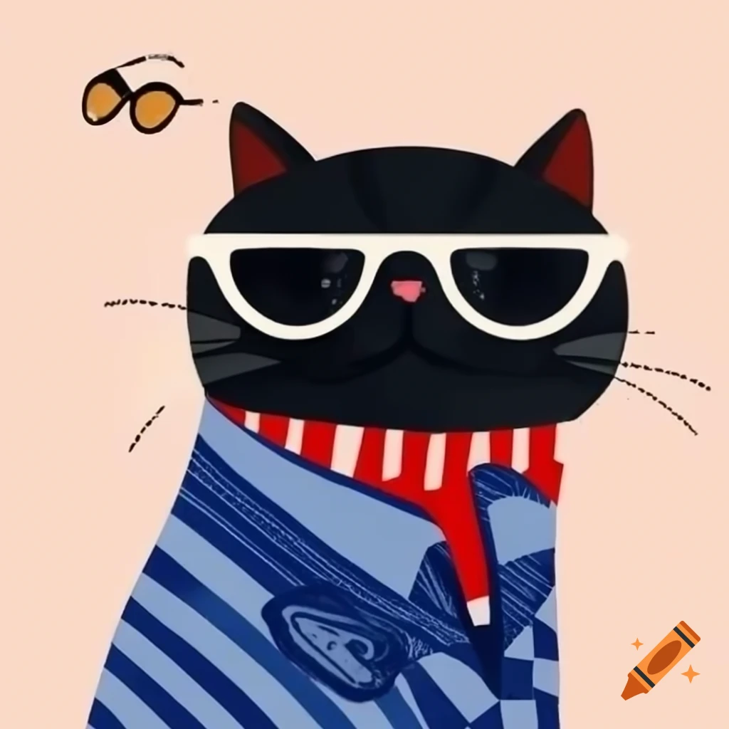 Cartoon art of black cat with striped pajamas and sunglasses