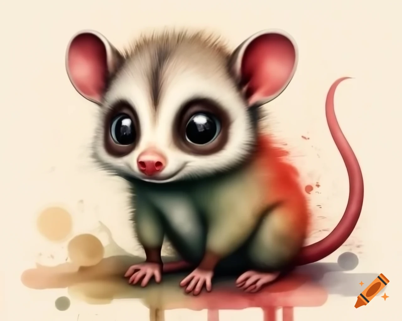 Gum nut baby possum in watercolor cartoon style with red, green, and gold shades