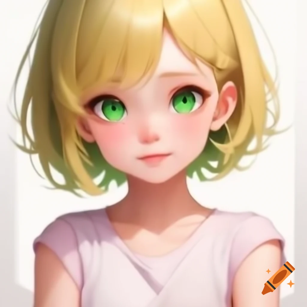 Anime girl with blonde hair and green eyes in pink sleeveless shirt, arms crossed