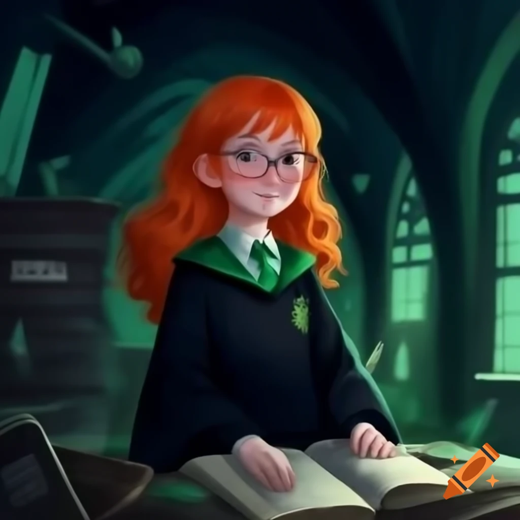 Slytherin student with red hair smiling in herbology dungeon