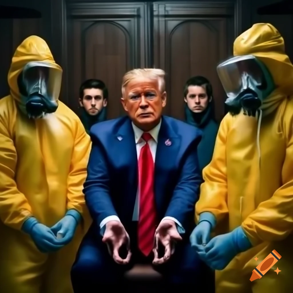 Photorealistic satire of Donald Trump handcuffed by men in yellow hazmat suits