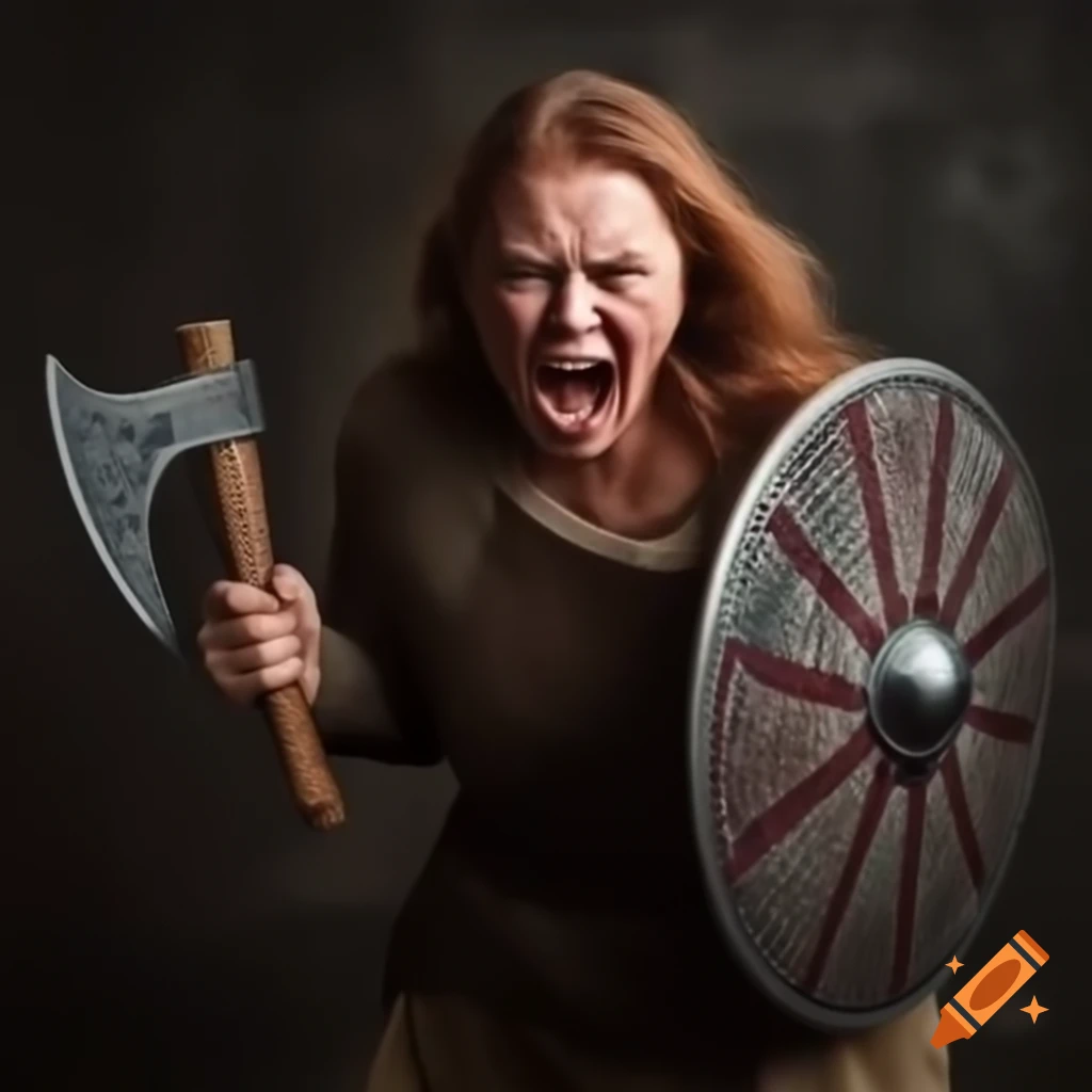 Female Shieldmaiden wielding axe and shield with battle expression, dark grunge background