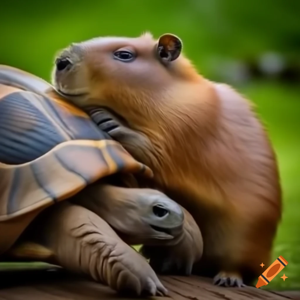 Capybara hugging a tortoise