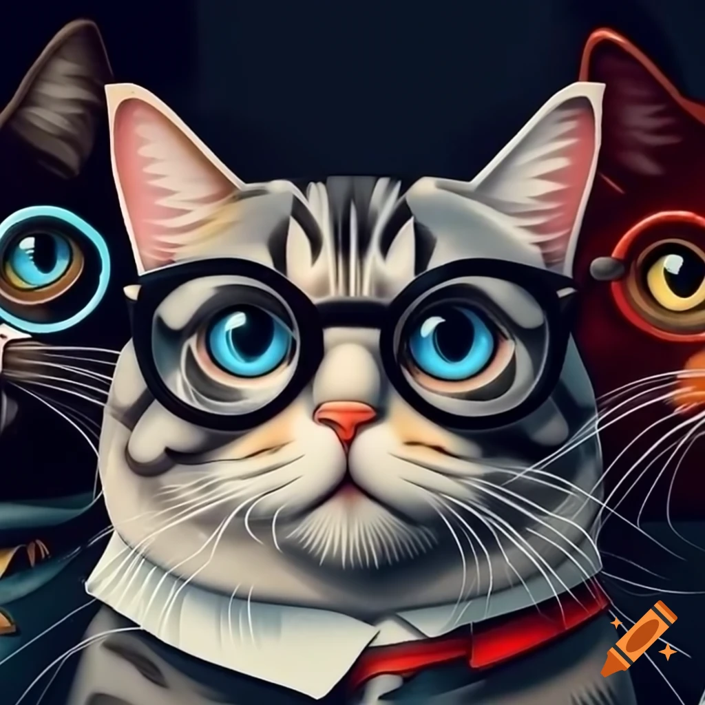 Three cats in business attire, grey cat in front, red cat with glasses behind, black cat behind