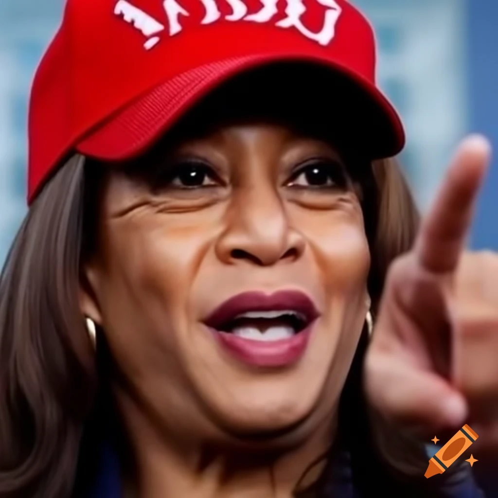 Kamala Harris smirking and pointing in red MAGA hat