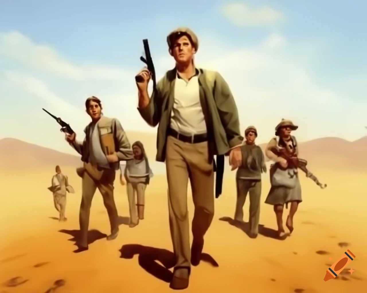 Group of people in desert with guns, 1990s anime key art style