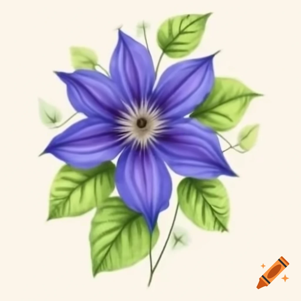 Colored sketch of blue clematis flower with leaves