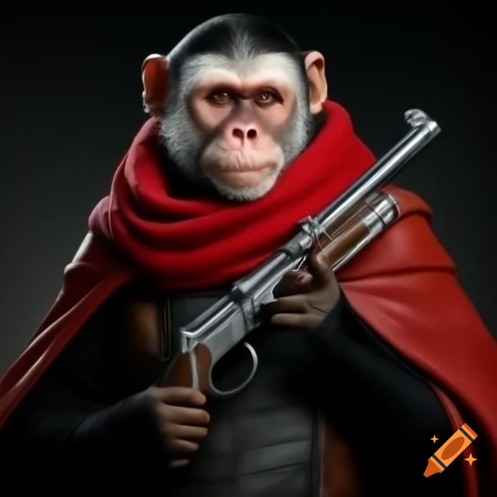 Capuchin monkey in red scarf and black trench coat holding flintlock pistol