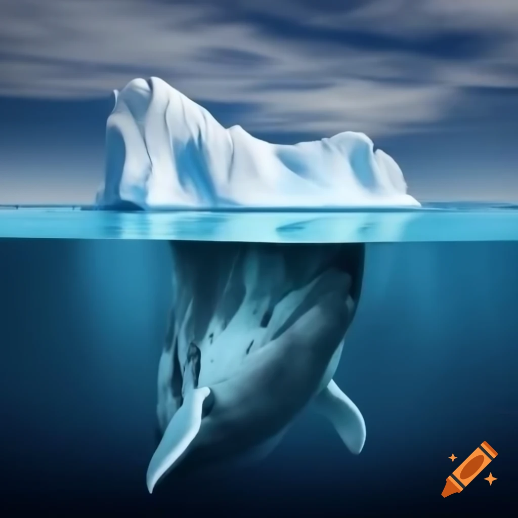 Majestic iceberg and breaching whale with cod schools beneath, dramatic cliffs