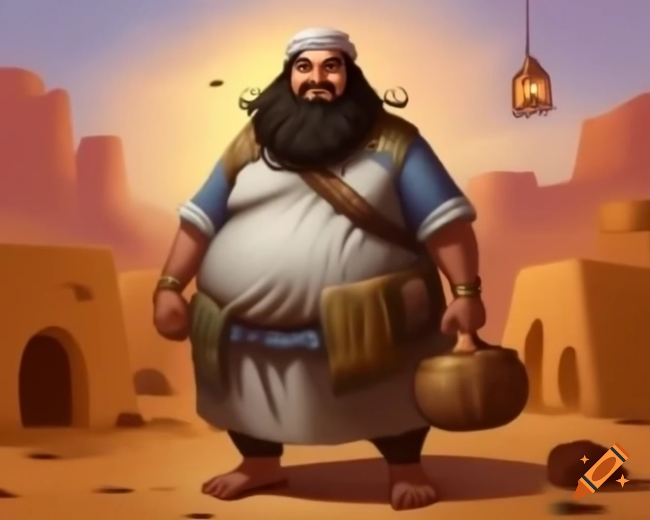 Fantasy oil painting of a magical desert village with a character