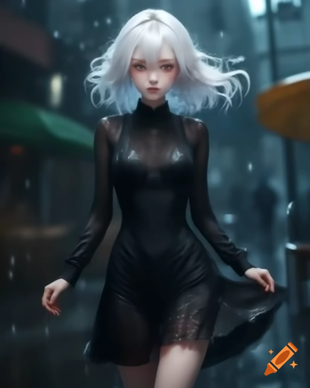 Anime woman with white hair in a black dress on a rainy day, realistic style