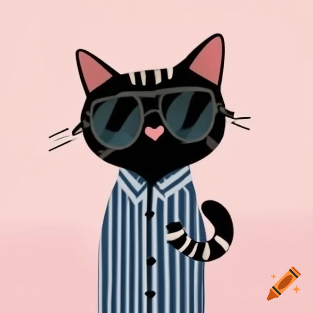 Cartoon art of a black cat with pajama stripes and sunglasses