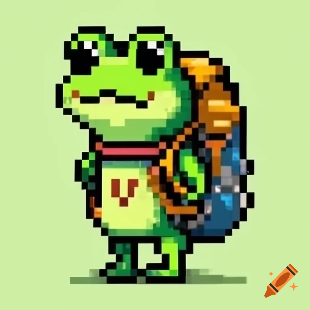 Comic-style pixel art of a frog hiking with a backpack