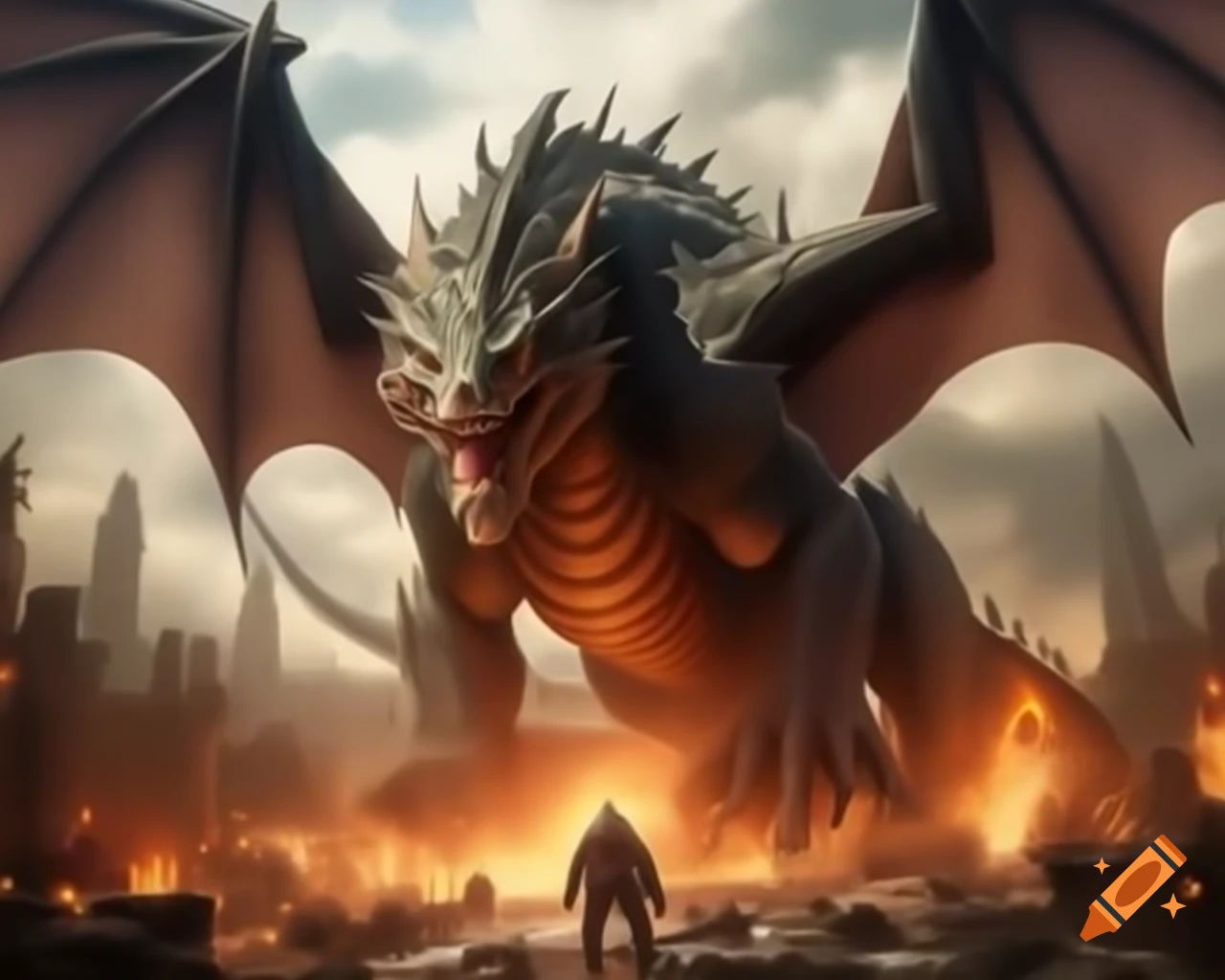 Massive dragon looming over cityscape with wings spread and fiery breath