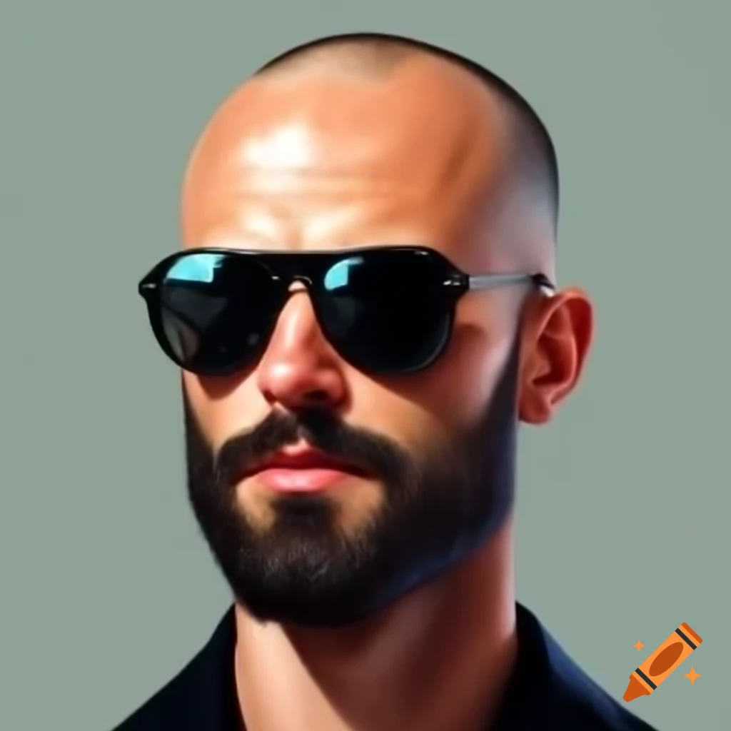 Handsome bald man with sunglasses and beard, cool demeanor