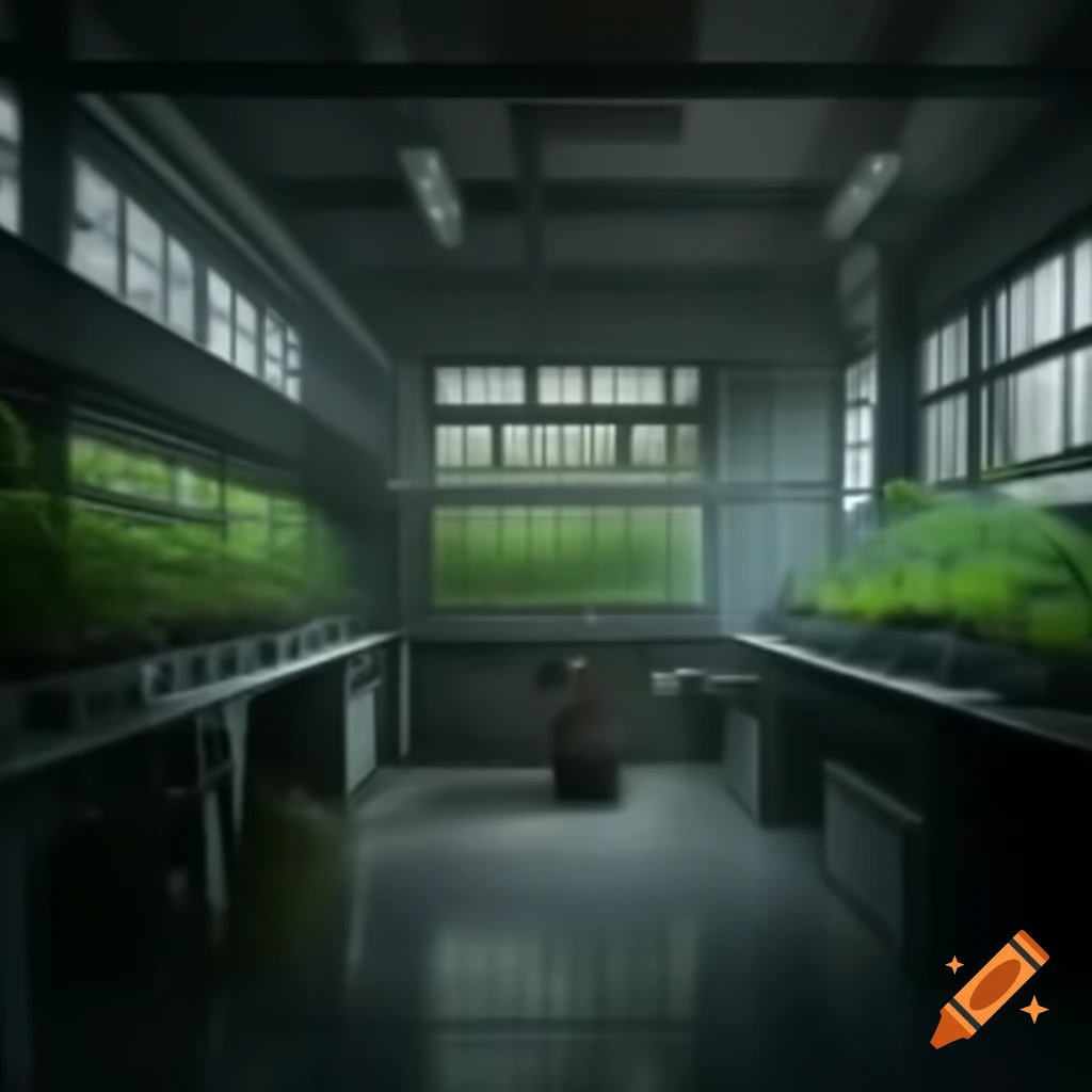 Ruined laboratory with plants and renaissance architecture