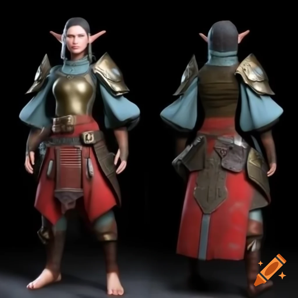 Inquisitor-inspired outfit design for female Dalish elf with medieval and Japanese armor influences