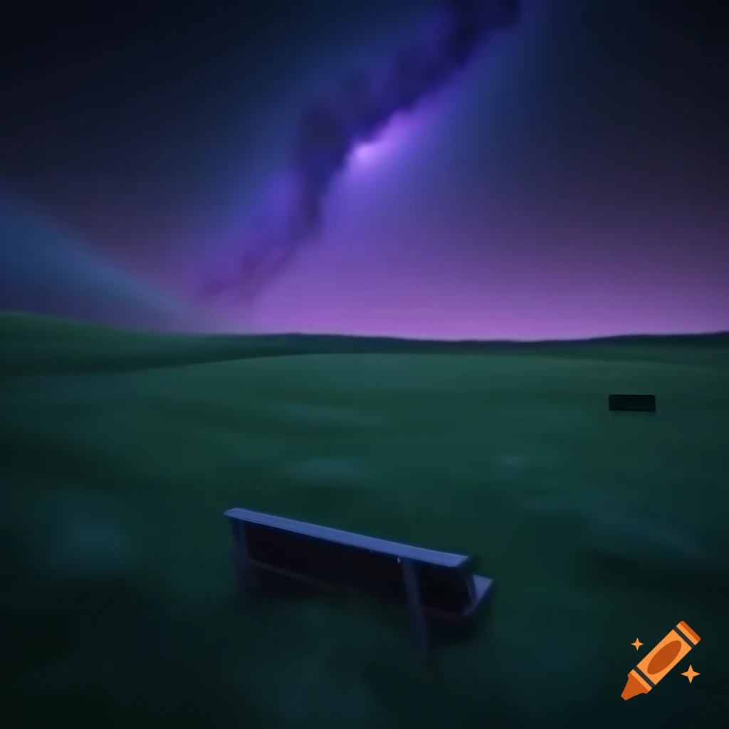 View from a steep grass field with a bench overlooking a purple cosmos at the edge of the universe