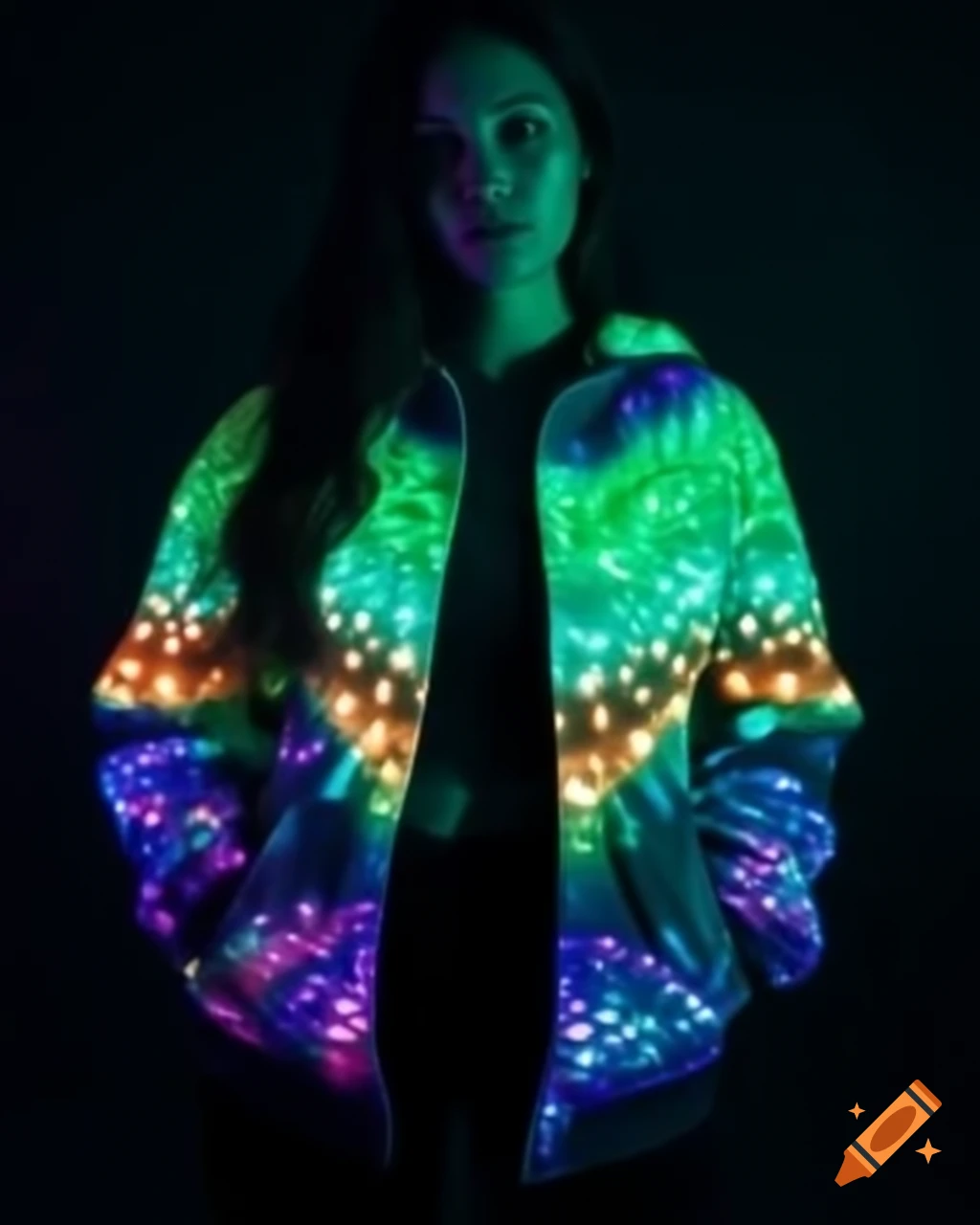 Woman wearing jacket with northern lights design